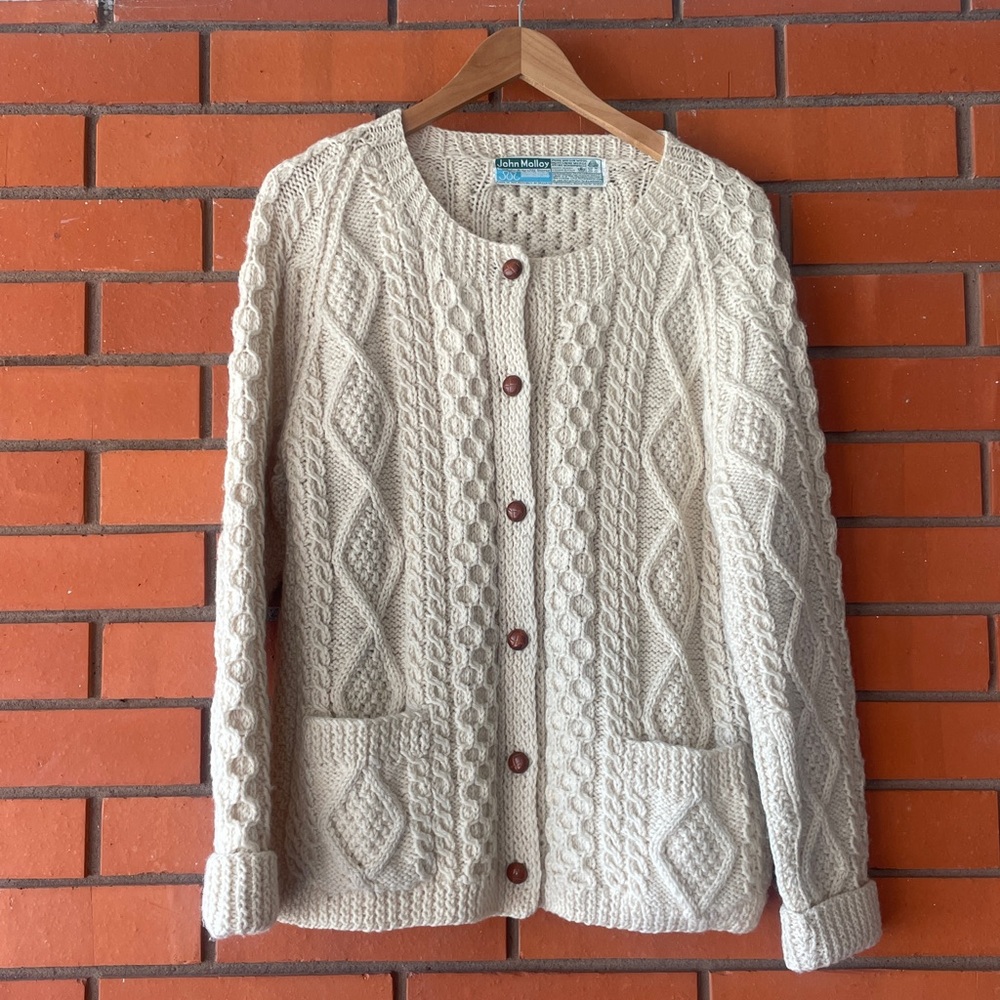 Vintage 80’s John Molloy Irish Wool Cable Knit Cardigan Sweater Made in Ireland